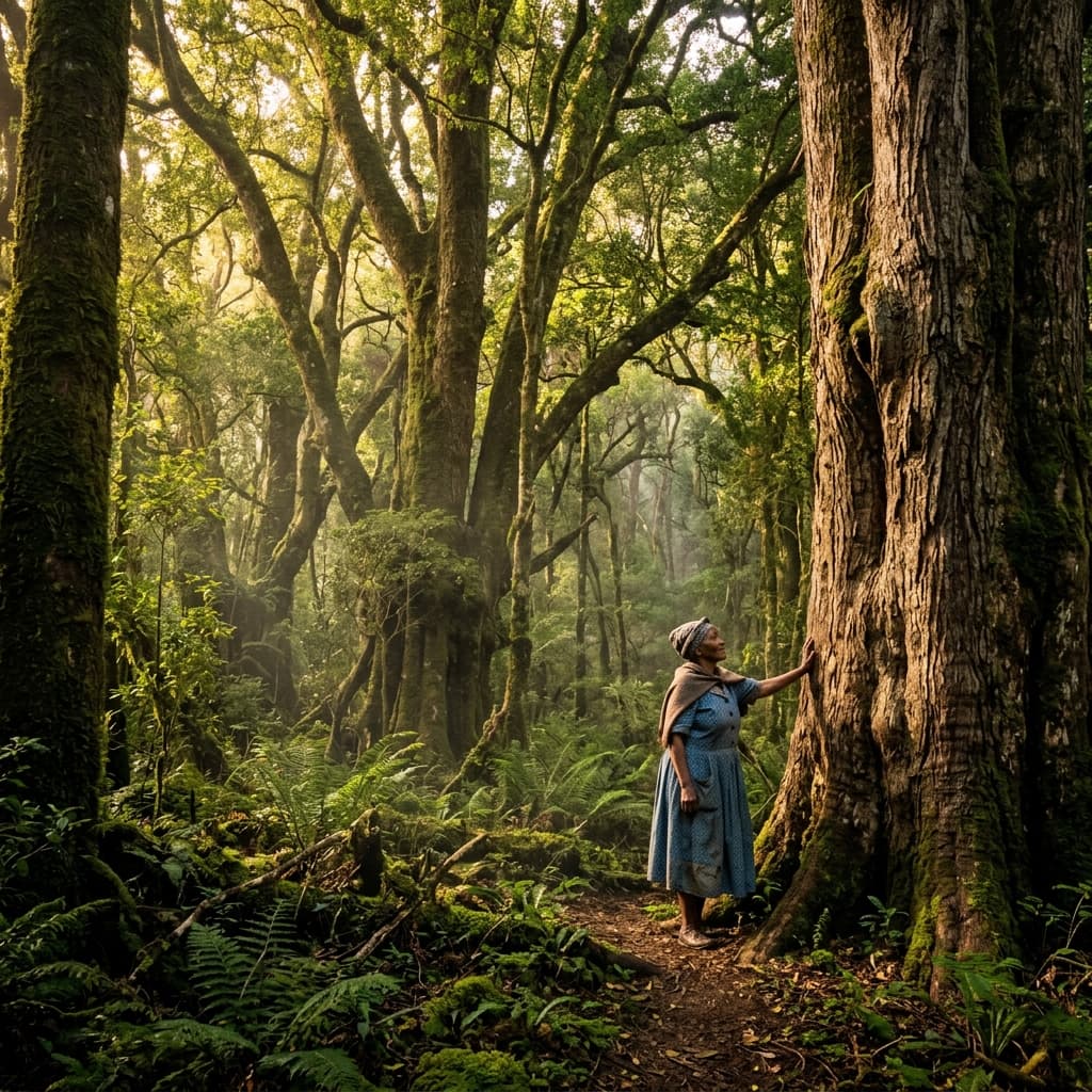 A person stands among ancient trees, hand resting on the bark, conveying intergenerational connection and environmental legacy